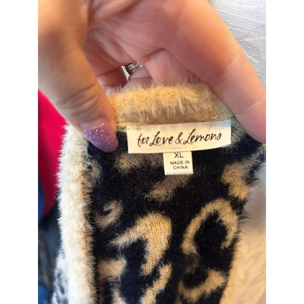 For Love & Lemons Leopard Print Fuzzy Cardigan Sweater Yellow Black Defect XL - Picture 9 of 11